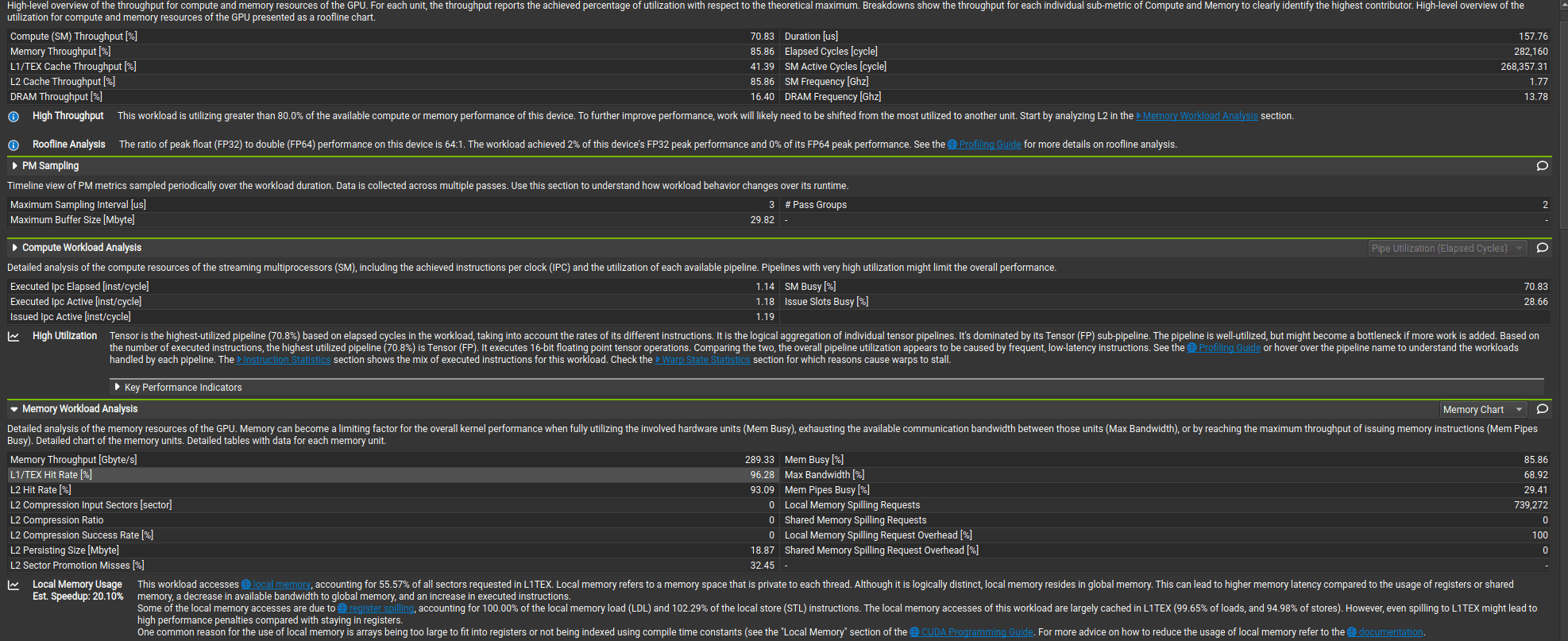 Nsight Compute showing register pressure and memory bottlenecks on a GeForce GPU