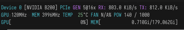 nvtop showing B200 GPU memory capacity