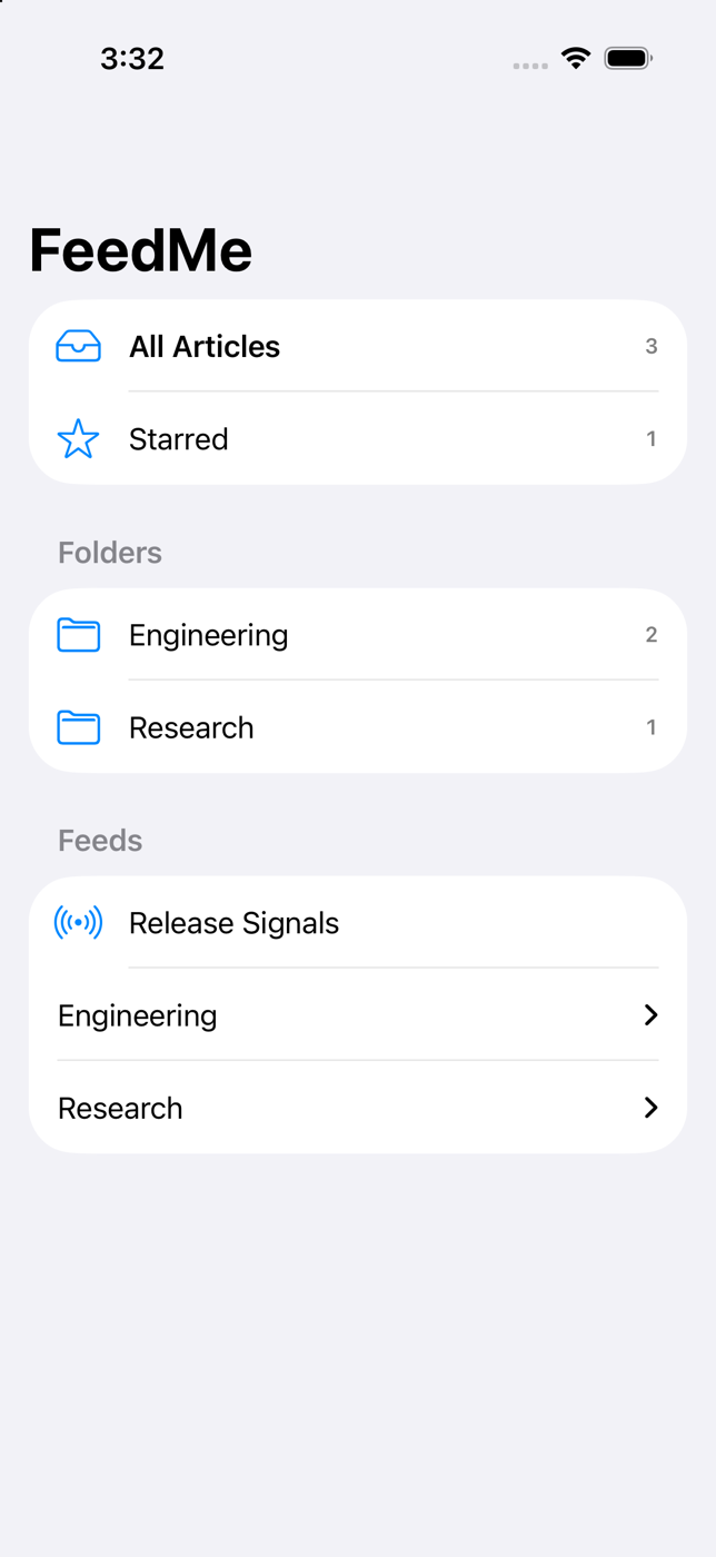 FeedMe running with a local demo library on iOS.